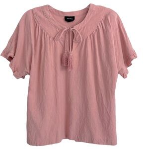 Heyson Light Pink Linen Blend Size Medium Short Ruffle Sleeve Blouse w/Tie Front